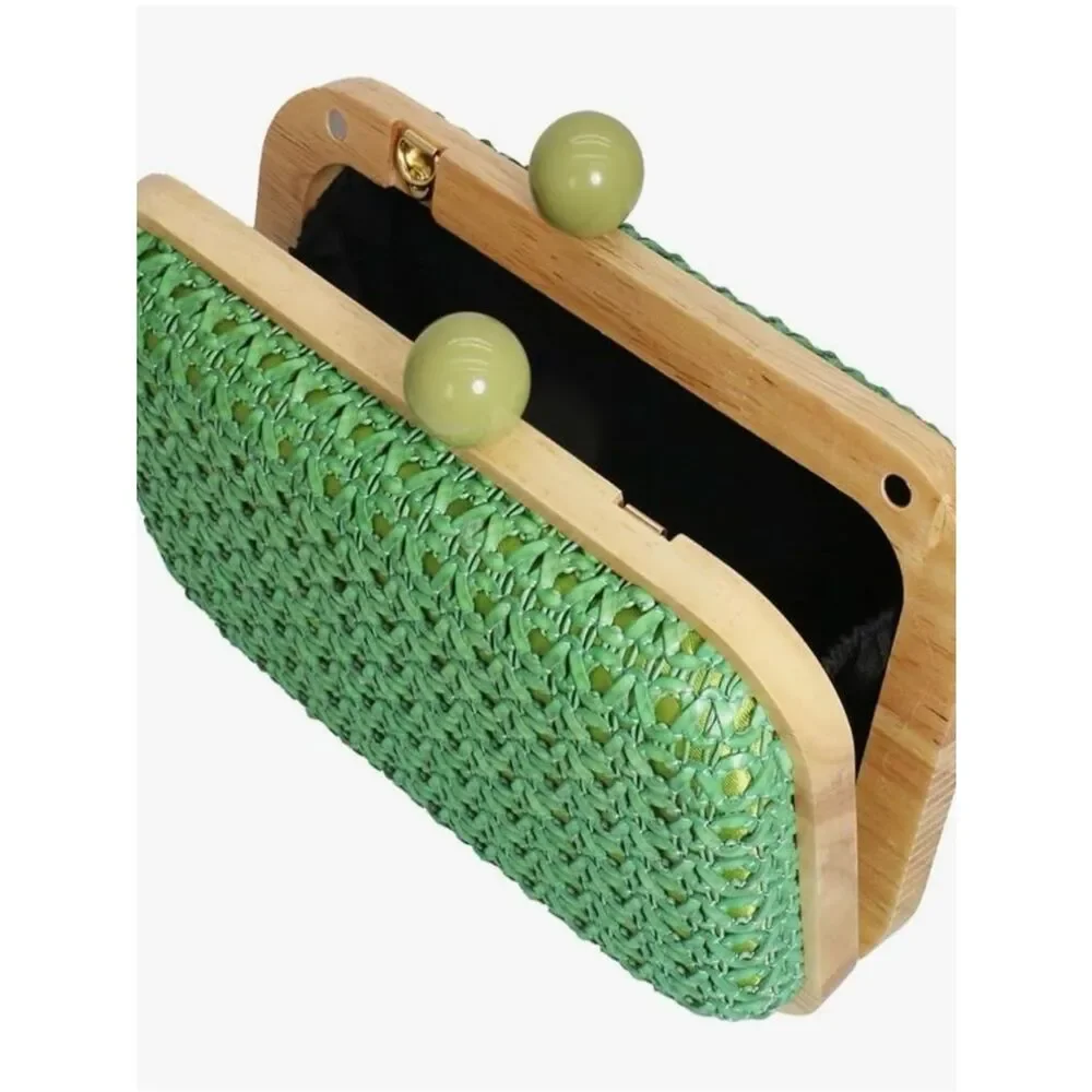 NEW Green Woven Clutch Crossbody Bag with Gold Chain